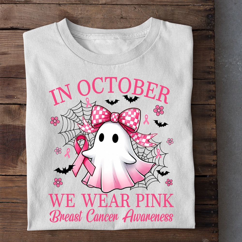 Pink Halloween & Breast Cancer Awareness T-shirt, In October We Wear Pink Ribbon Tees Gift For Ghost Lover