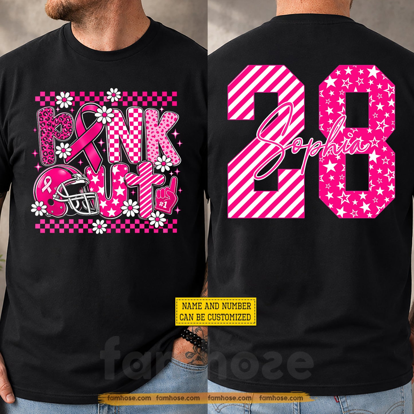 Personalized Football Breast Cancer Awareness Two-sided T-shirt, Pink Out Tees Pink Ribbon Gift For Football Lover