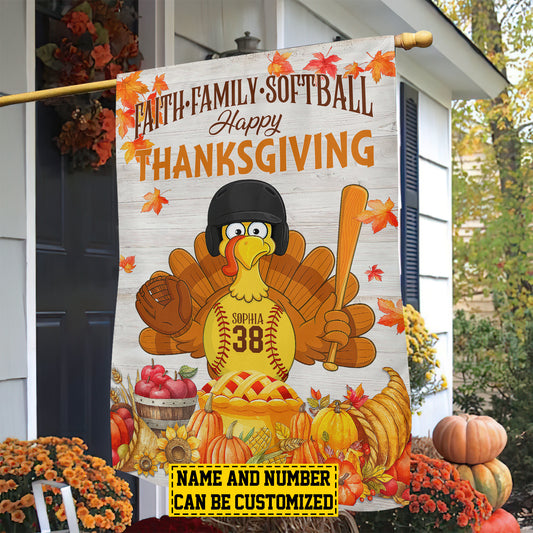 Cute Personalized Thanksgiving Softball Garden & House Flag, Faith Family Softball Turkey Outdoor Decor, Yard Decor Thankful Gift For Softball Lovers