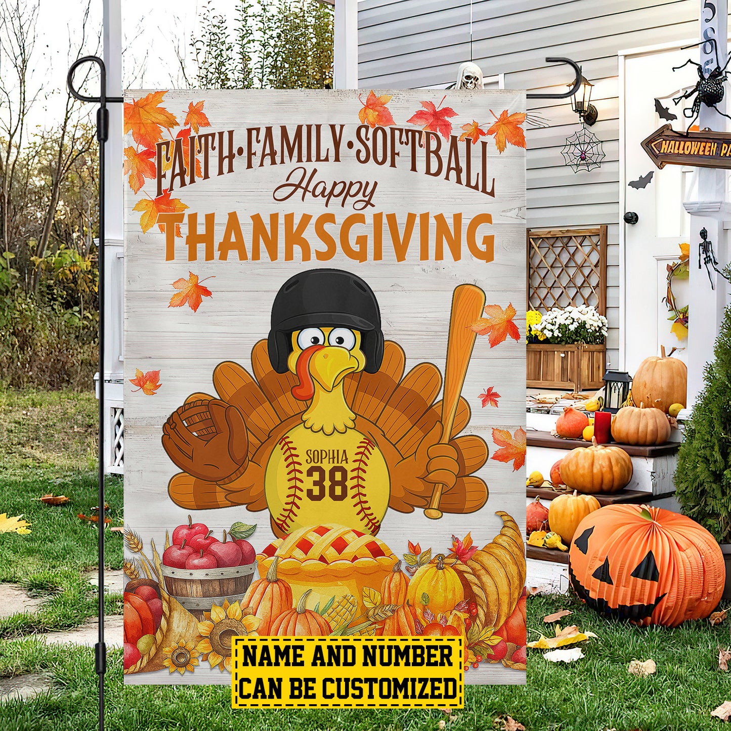 Cute Personalized Thanksgiving Softball Garden & House Flag, Faith Family Softball Turkey Outdoor Decor, Yard Decor Thankful Gift For Softball Lovers