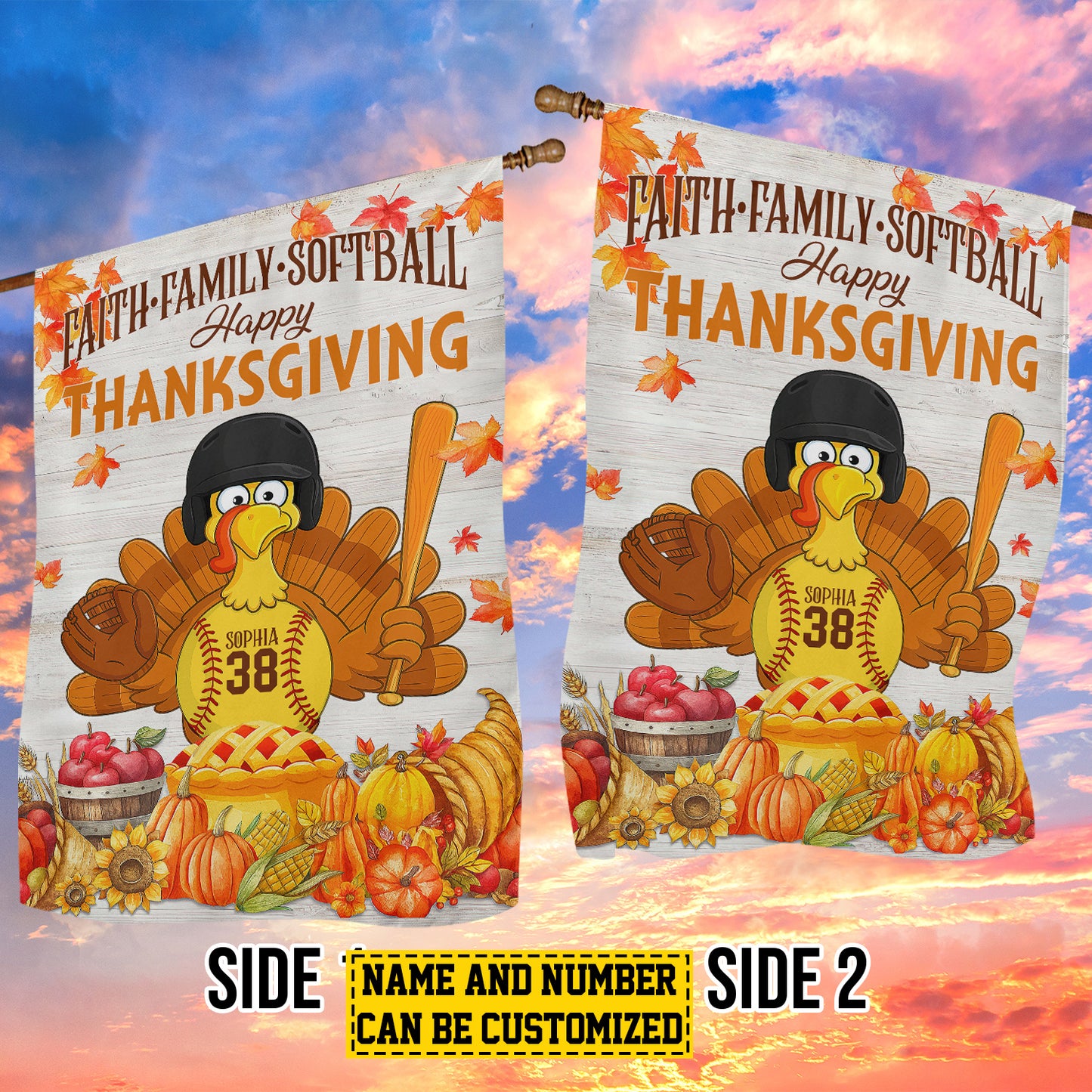 Cute Personalized Thanksgiving Softball Garden & House Flag, Faith Family Softball Turkey Outdoor Decor, Yard Decor Thankful Gift For Softball Lovers