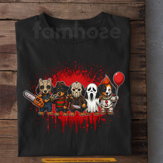 Funny Halloween Horror Dachshund Dog T-Shirt, Cute Scary Movie Dogs Tees Spooky Season Gift For Dachshund Dog Lover