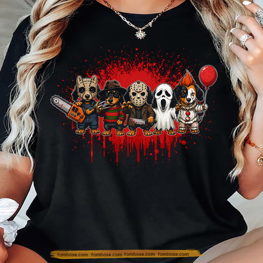 Funny Halloween Horror Dachshund Dog T-Shirt, Cute Scary Movie Dogs Tees Spooky Season Gift For Dachshund Dog Lover