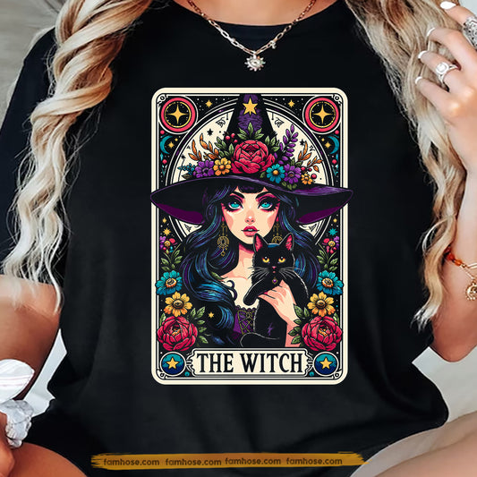 Halloween Black Cat Witch T-shirt, The Witch Tarot Card Spooky Season Tees Mystic Witchcore Gift For Witch & Cat Lover