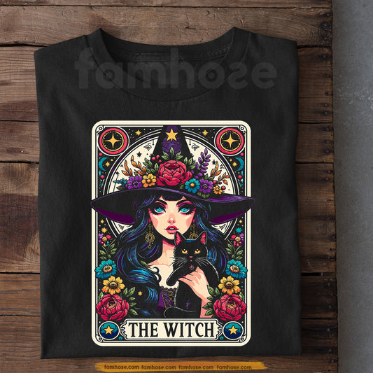 Halloween Black Cat Witch T-shirt, The Witch Tarot Card Spooky Season Tees Mystic Witchcore Gift For Witch & Cat Lover