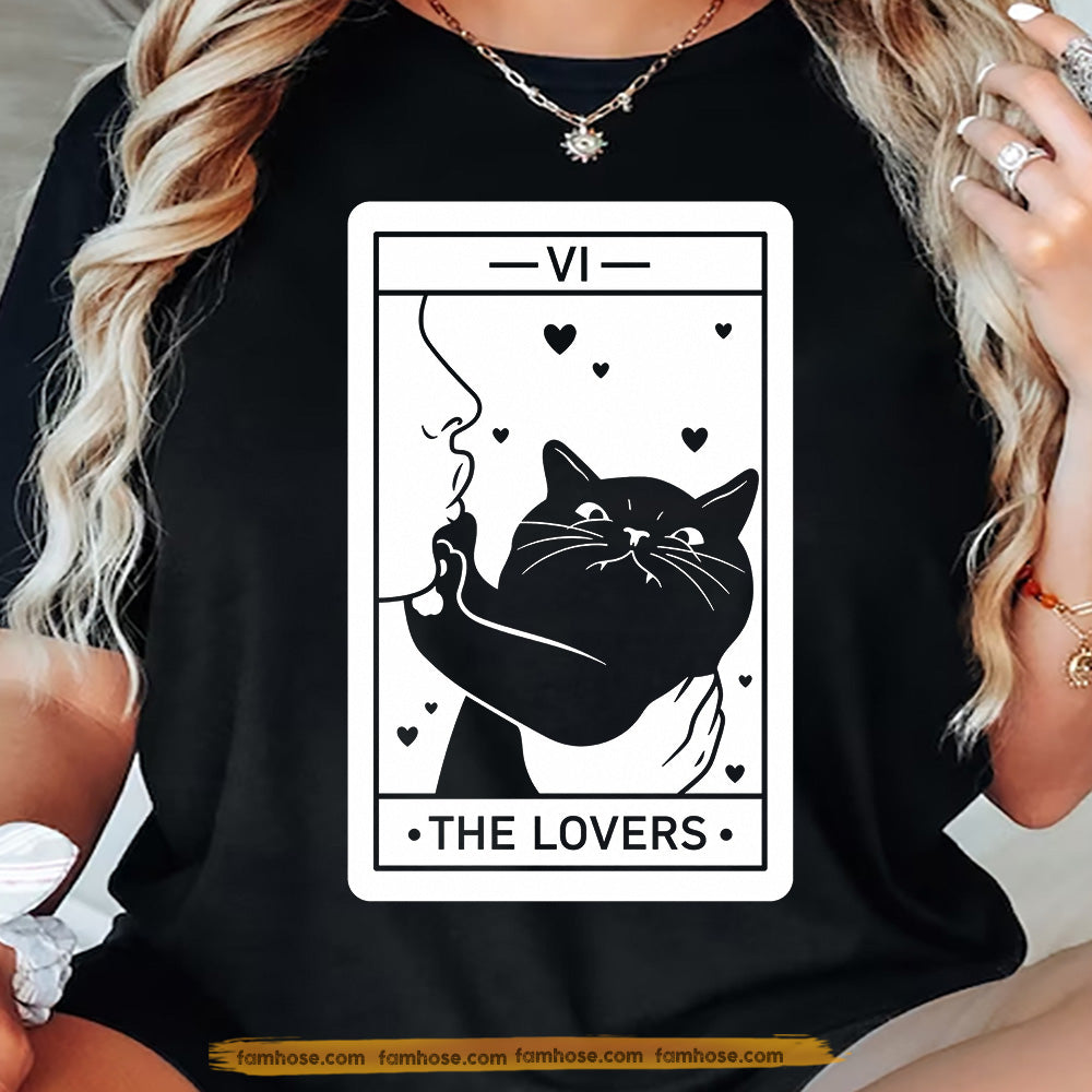 Halloween Black Cat Tarot T-shirt, The Lovers Tarot Card Spooky Season Tees Mystic Witchcore Gift For Cat Lover