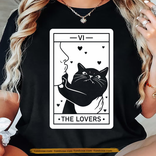 Halloween Black Cat Tarot T-shirt, The Lovers Tarot Card Spooky Season Tees Mystic Witchcore Gift For Cat Lover