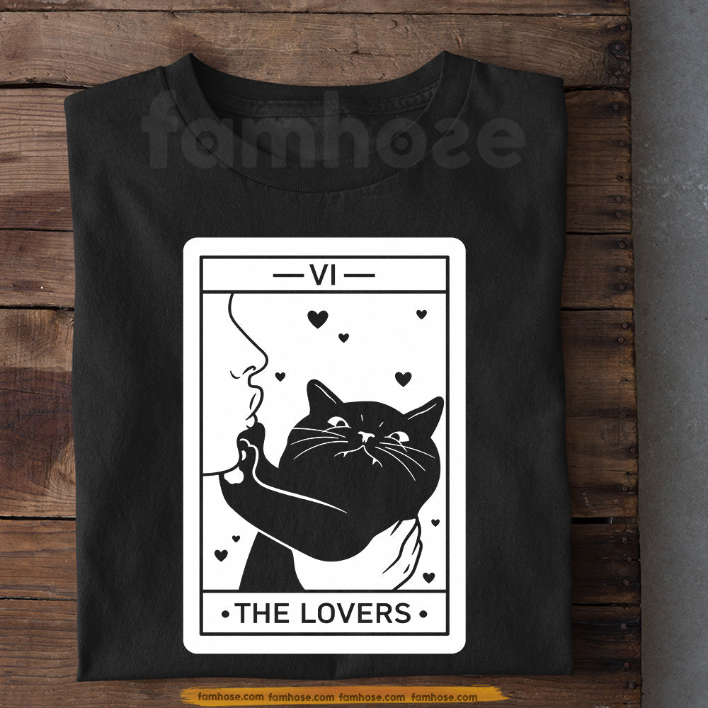 Halloween Black Cat Tarot T-shirt, The Lovers Tarot Card Spooky Season Tees Mystic Witchcore Gift For Cat Lover