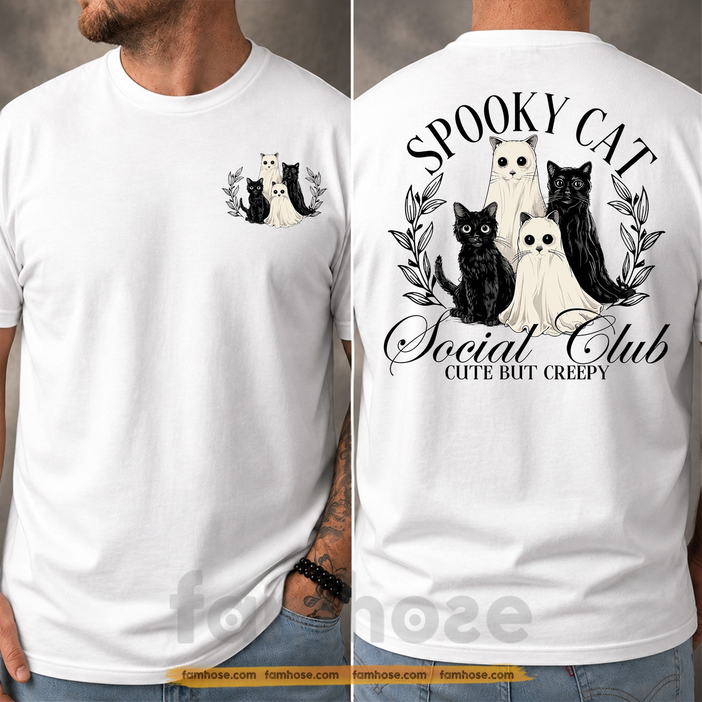 Cute Halloween Ghost Black Cat Two-sided T-shirt, Spooky Cat Social Club Tees Spooky Season Gift For Ghost & Cat Lover