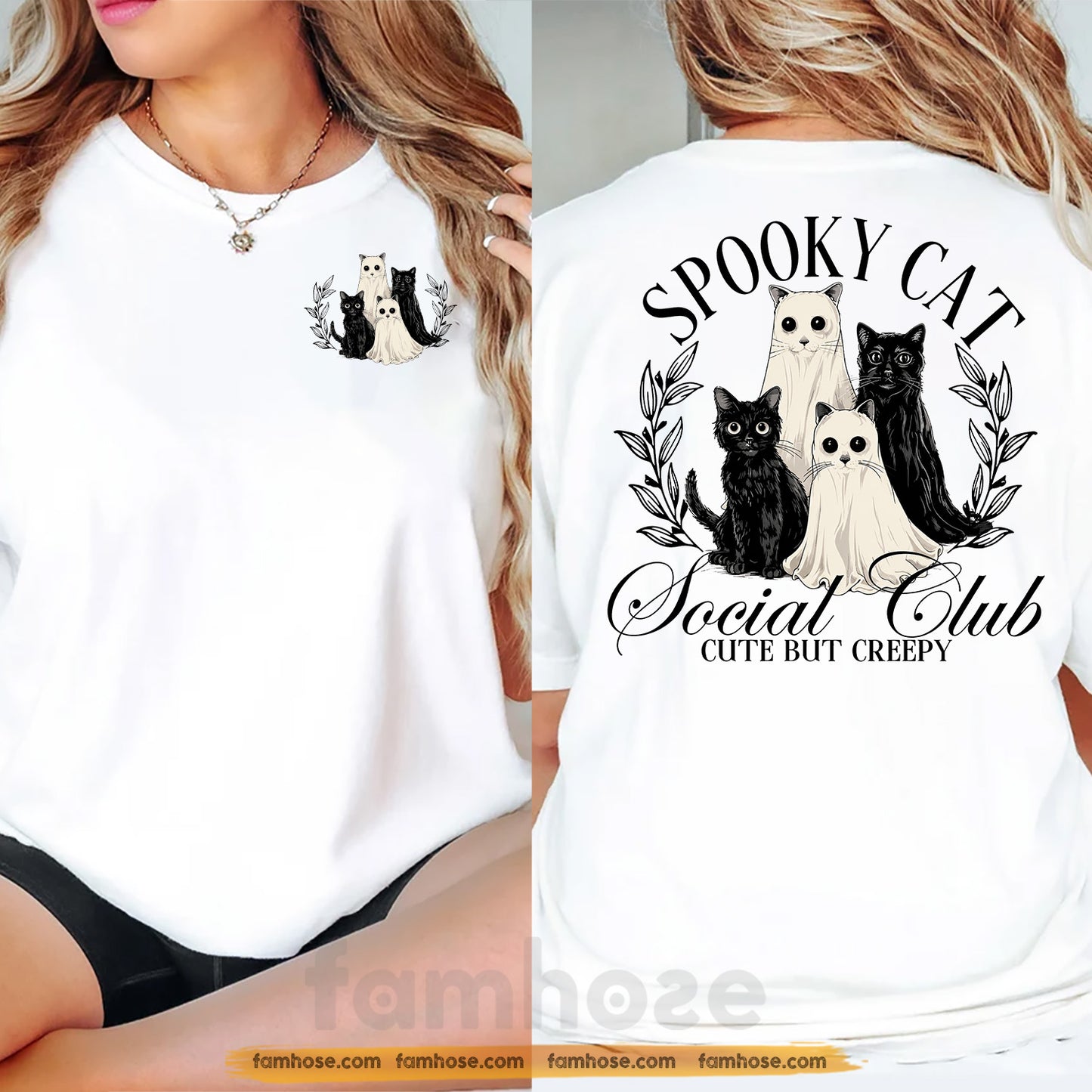 Cute Halloween Ghost Black Cat Two-sided T-shirt, Spooky Cat Social Club Tees Spooky Season Gift For Ghost & Cat Lover