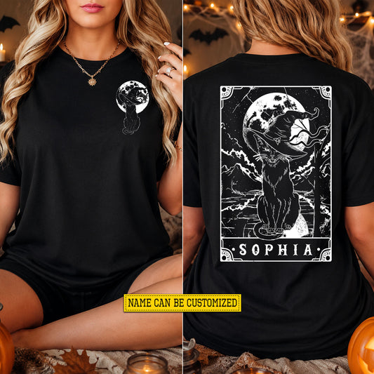 Personalized Halloween Cat Two-sided T-shirt, Moonlit Witch Cat Tees Spooky Season Gift For Cat Lover