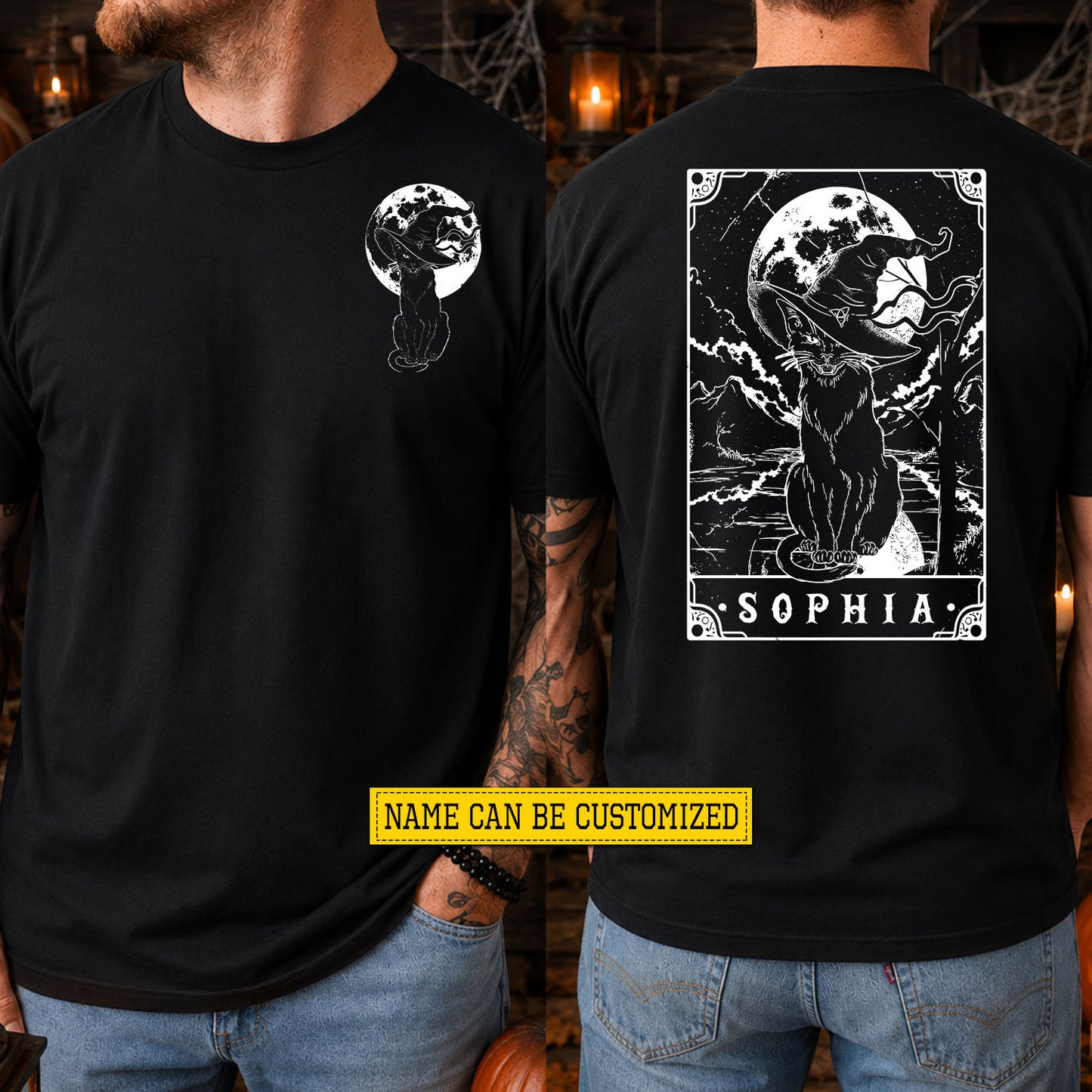 Personalized Halloween Cat Two-sided T-shirt, Moonlit Witch Cat Tees Spooky Season Gift For Cat Lover