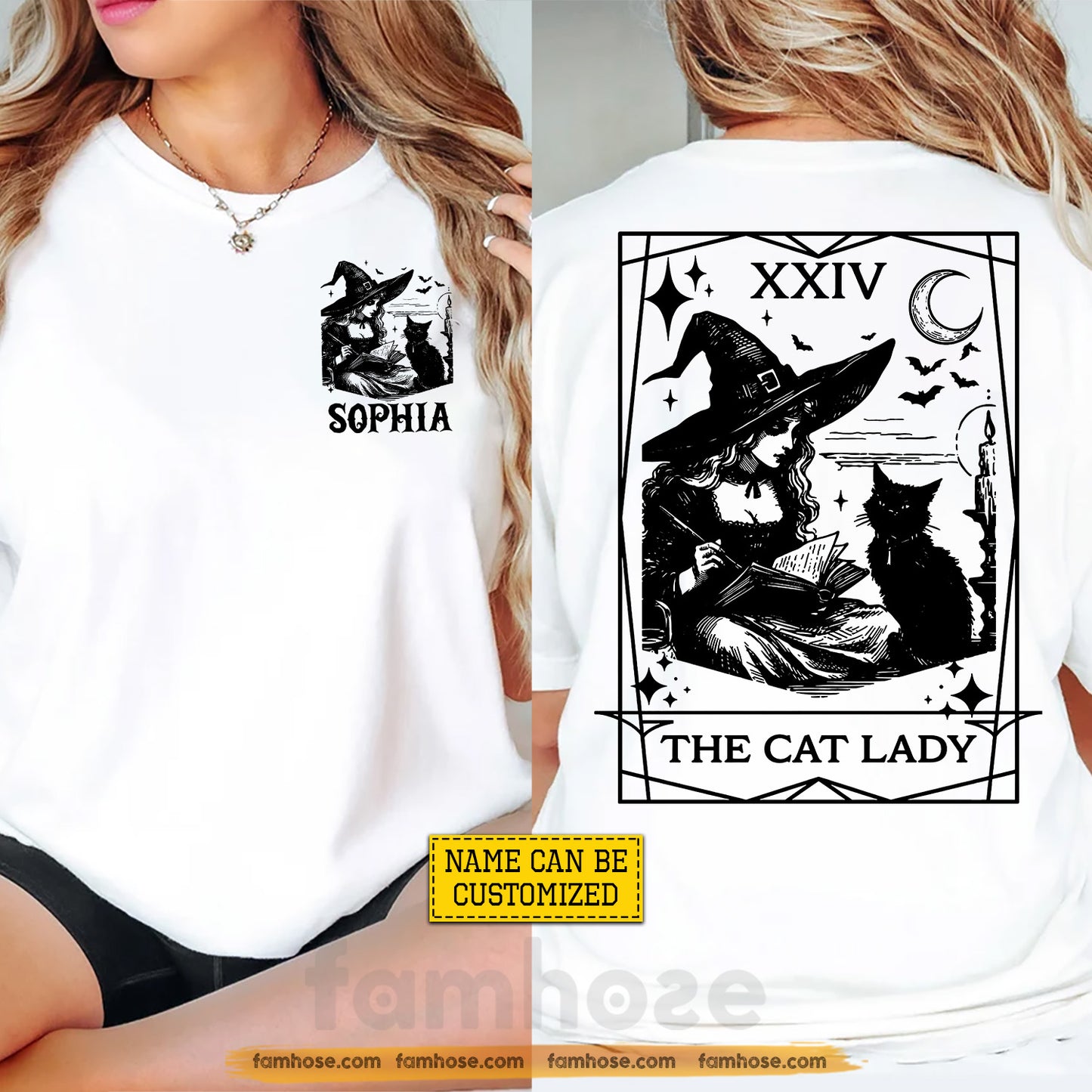 Personalized Halloween Cat Lady Witch Two-sided T-shirt, Witchy Tarot Card Tees Spooky Season Gift For Witch & Cat Lover