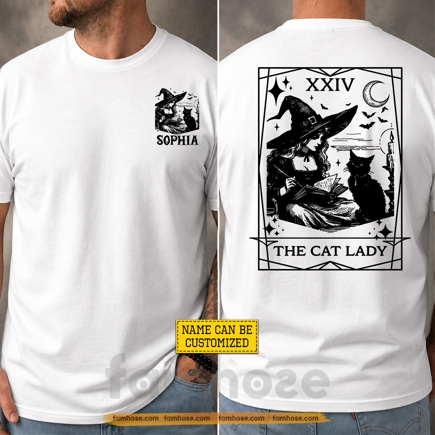 Personalized Halloween Cat Lady Witch Two-sided T-shirt, Witchy Tarot Card Tees Spooky Season Gift For Witch & Cat Lover