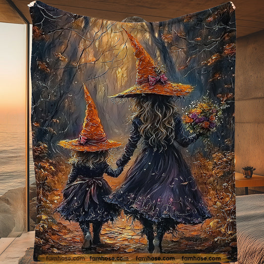 Halloween Witches Fleece Blanket, Witch’s Bond Woven Blanket, Sherpa Blanket Spooky Season Gift For Witch Lovers