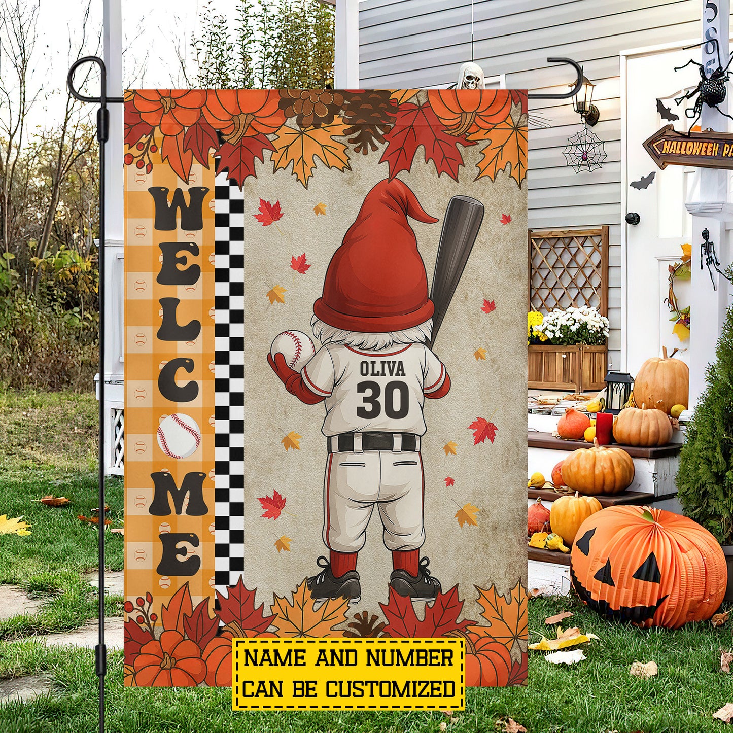 Personalized Thanksgiving Baseball Gnomie Garden & House Flag, Welcome Thankful Outdoor Decor, Yard Decor Gift For Baseball Lovers