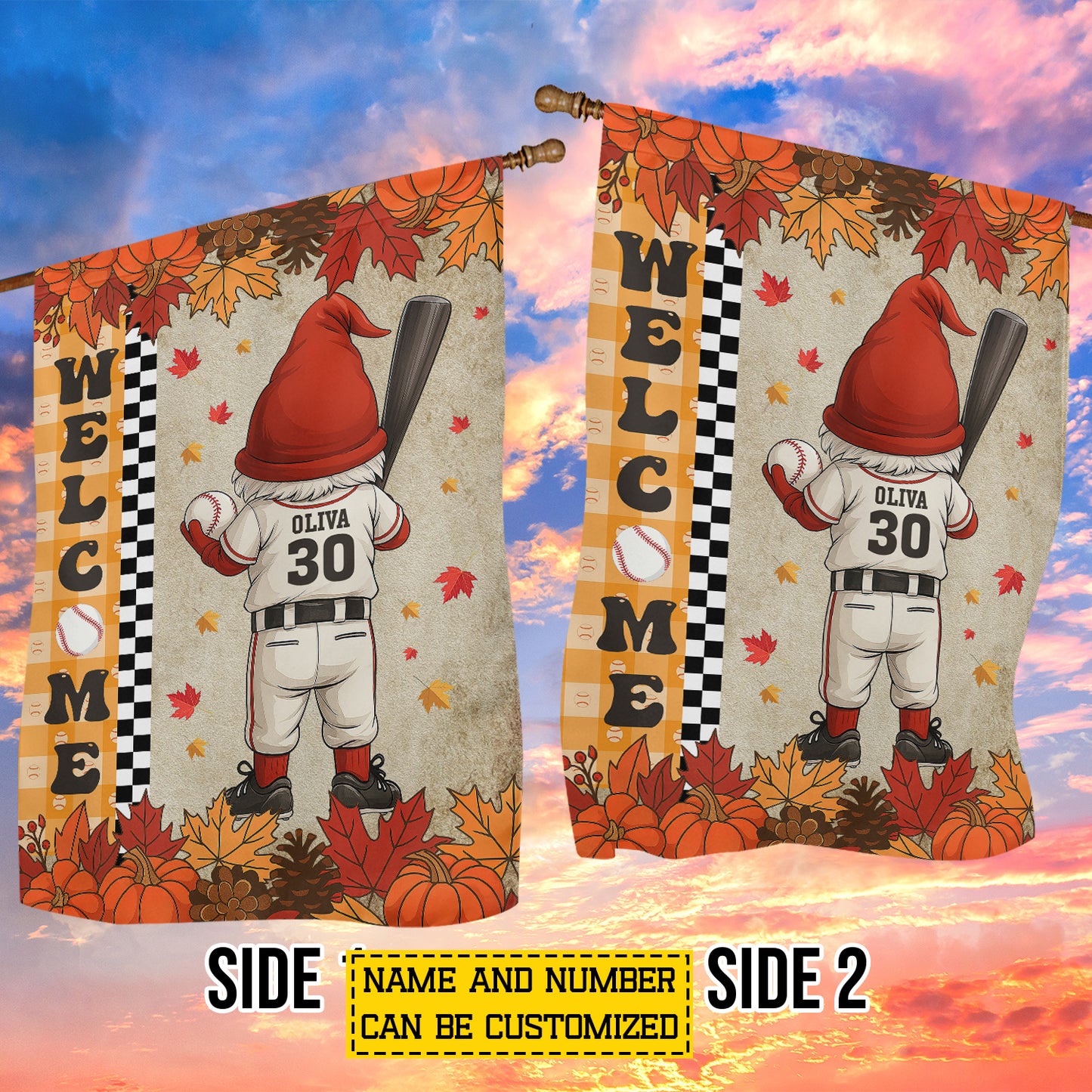 Personalized Thanksgiving Baseball Gnomie Garden & House Flag, Welcome Thankful Outdoor Decor, Yard Decor Gift For Baseball Lovers