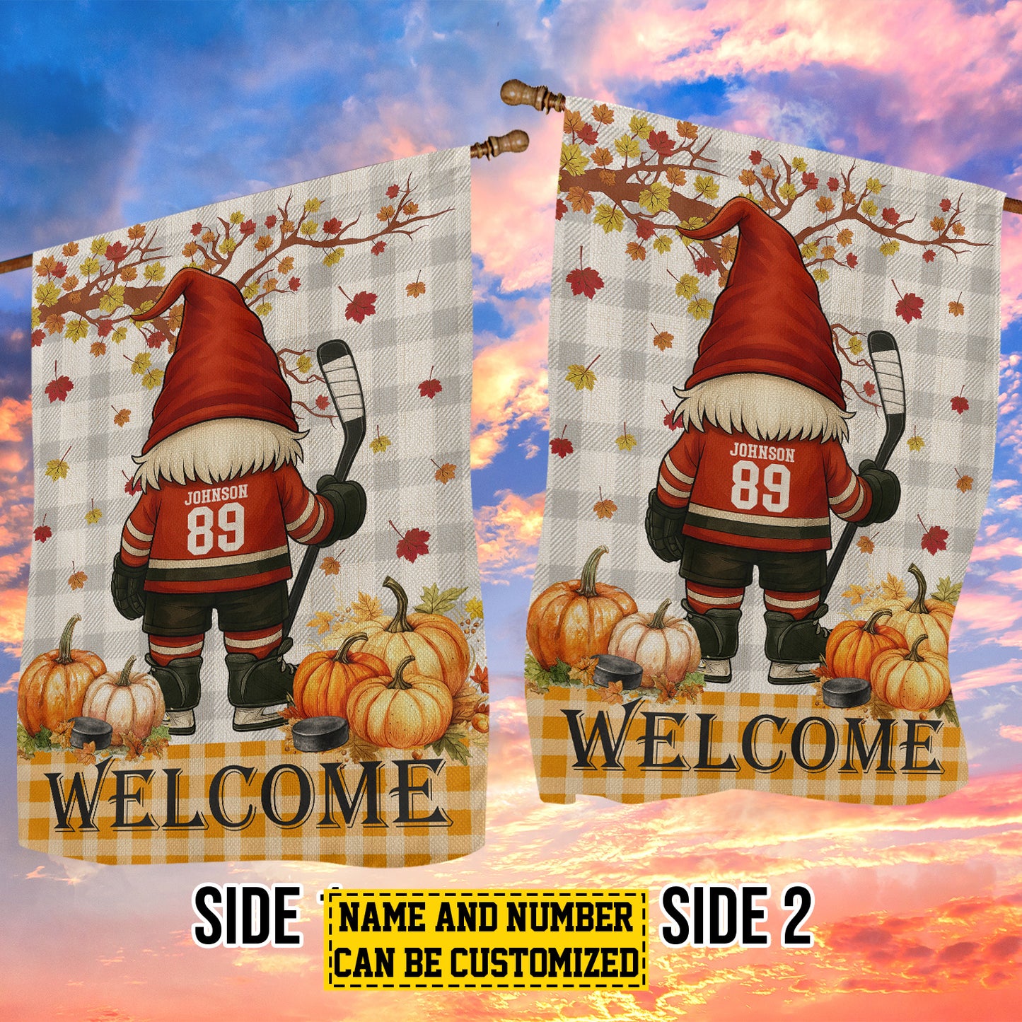 Cute Personalized Thanksgiving Gnomie Hockey Garden & House Flag, Welcome Thankful Outdoor Decor, Yard Decor Gift For Hockey Lovers