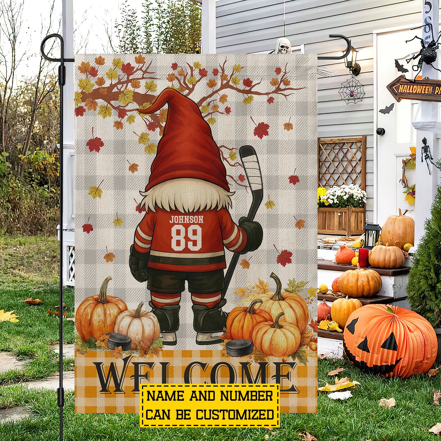 Cute Personalized Thanksgiving Gnomie Hockey Garden & House Flag, Welcome Thankful Outdoor Decor, Yard Decor Gift For Hockey Lovers