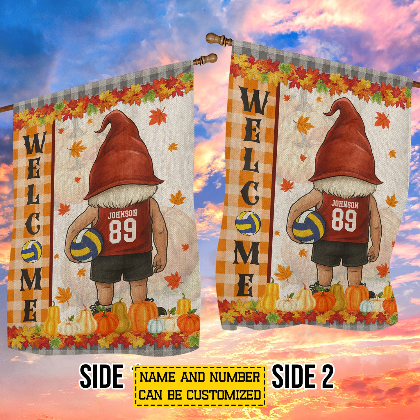 Personalized Thanksgiving Volleyball Gnomie Garden & House Flag, Welcome Thankful Outdoor Decor, Yard Decor Gift For Volleyball Lovers