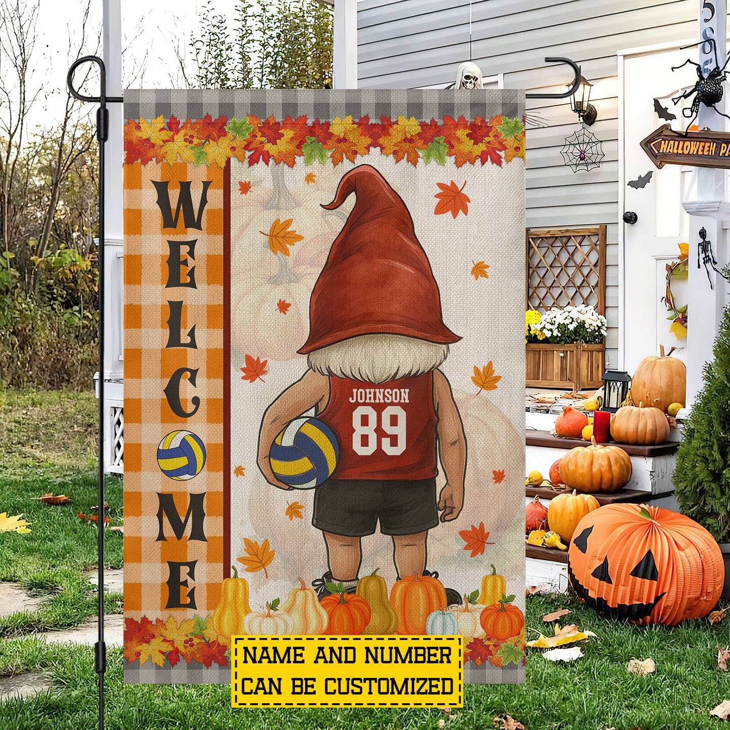 Personalized Thanksgiving Volleyball Gnomie Garden & House Flag, Welcome Thankful Outdoor Decor, Yard Decor Gift For Volleyball Lovers