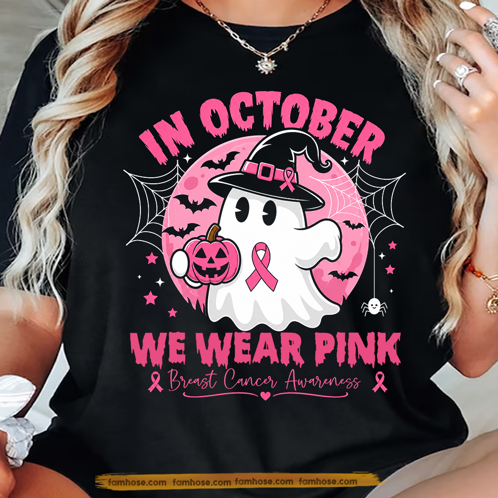 Pink Halloween & Breast Cancer Awareness T-shirt, In October We Wear Pink Ribbon Tees Gift For Ghost Lover