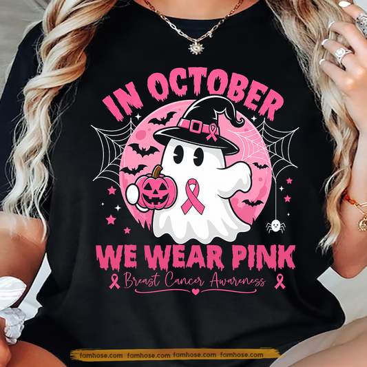 Pink Halloween & Breast Cancer Awareness T-shirt, In October We Wear Pink Ribbon Tees Gift For Ghost Lover