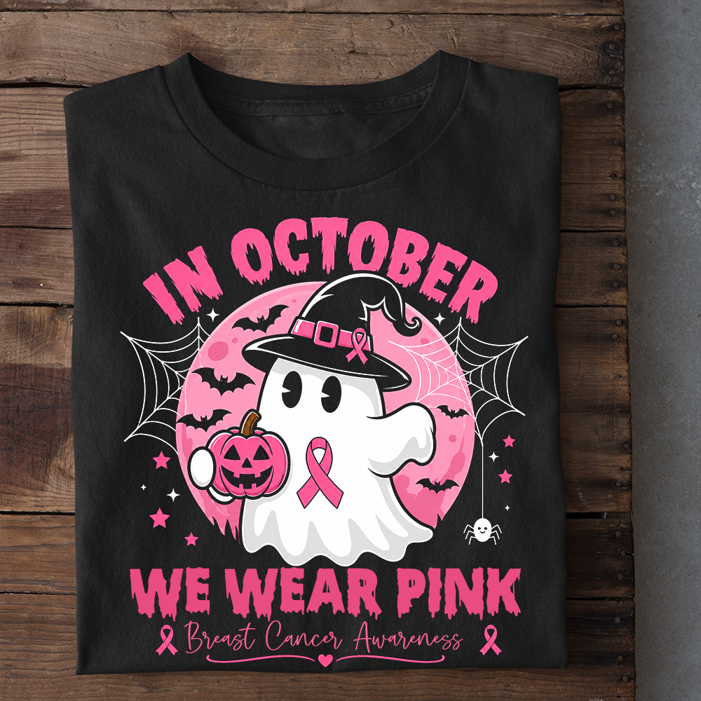 Pink Halloween & Breast Cancer Awareness T-shirt, In October We Wear Pink Ribbon Tees Gift For Ghost Lover