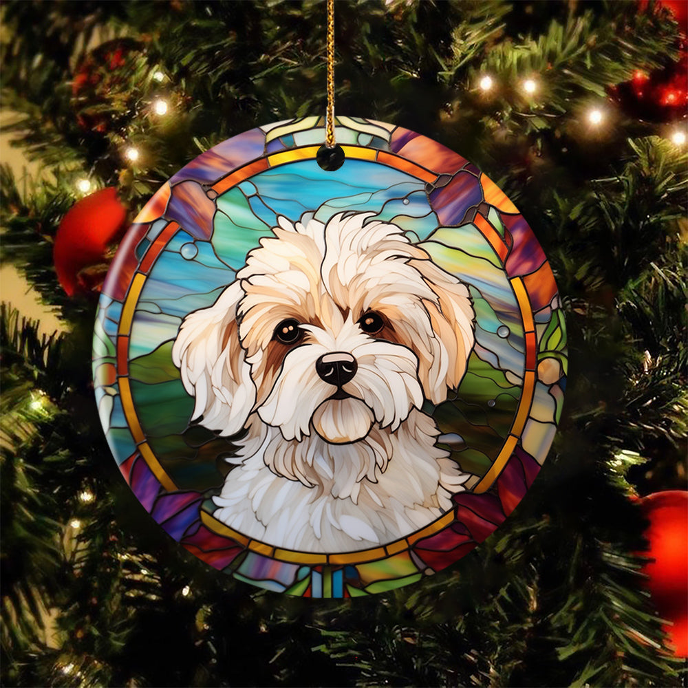 Stained Glass Puppy, Cute Bichon Frise Dog Circle Ceramic Ornament Christmas Gift For Bichon FriseLovers