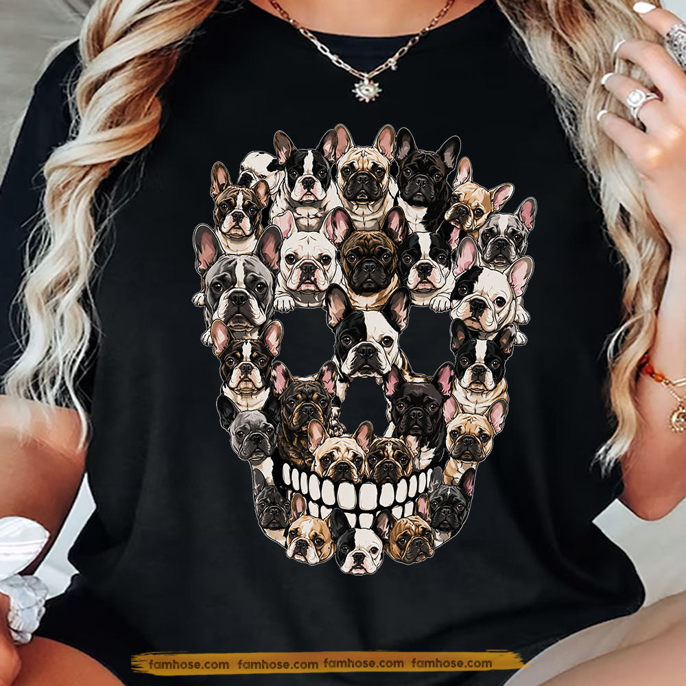 Halloween French Bulldog Dog Skull T-Shirt, Gothic French Bulldog Graphic Tees Spooky Season Gift For Dog Lover