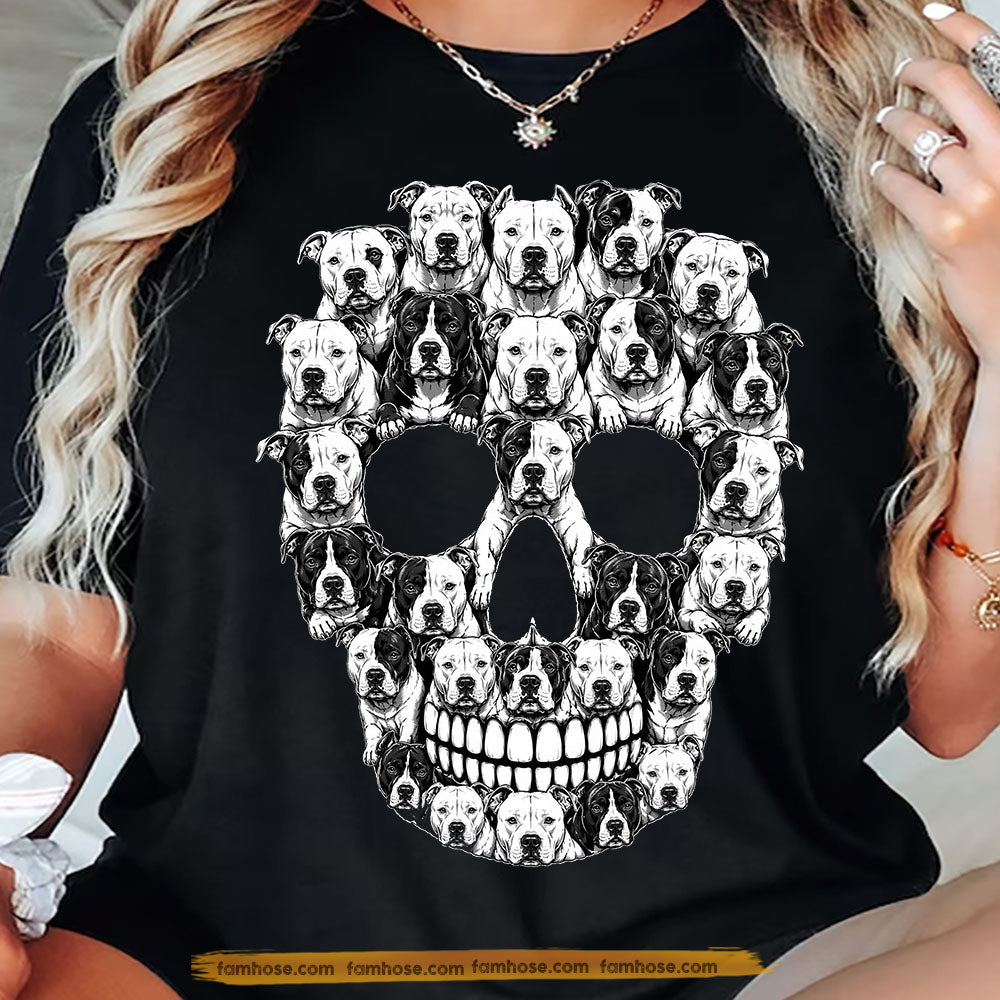 Funny Halloween Pitbull Dog Skull T-Shirt, Gothic Pitbull Graphic Tees Spooky Season Gift For Pitbull Dog Lover