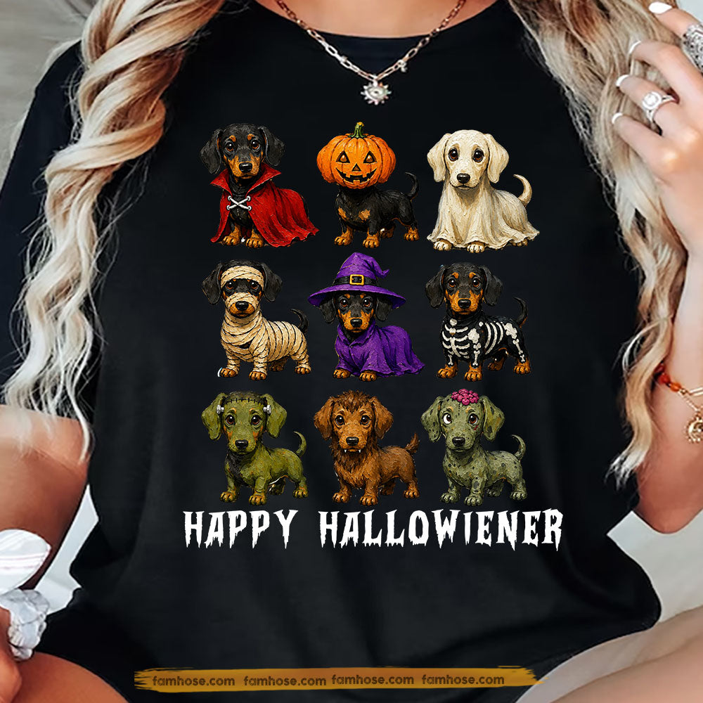 Halloween Dachshund Dog Costume T-Shirt, Happy Hallowiener Tees Spooky Season Gift For Wiener Dog Lover