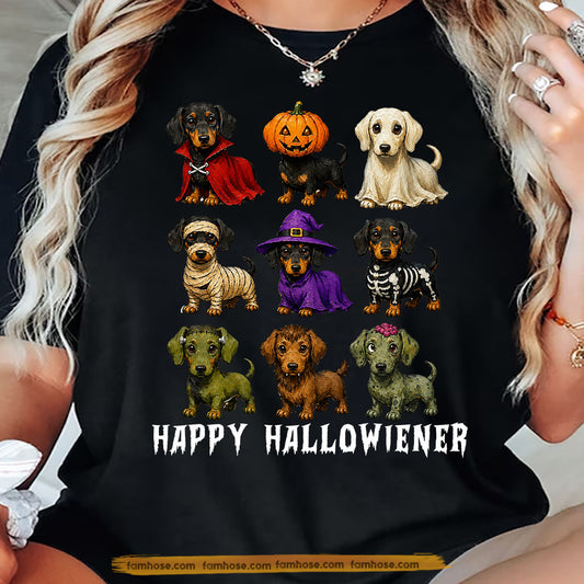 Halloween Dachshund Dog Costume T-Shirt, Happy Hallowiener Tees Spooky Season Gift For Wiener Dog Lover