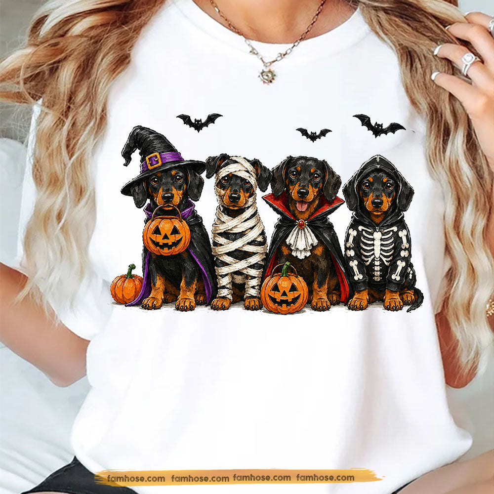 Fall Halloween Dachshund Dog T-Shirt, Cute Witch Mummy Vampire Skeleton Wiener Dog Tees Spooky Season Gift For Dog Lover