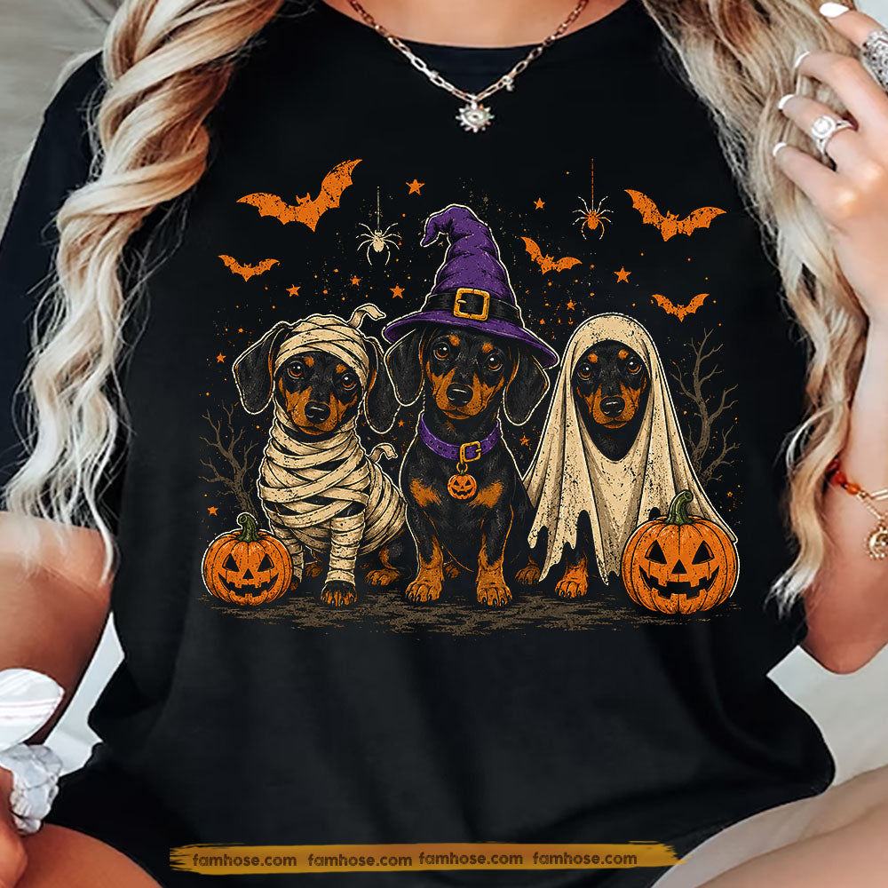 Halloween Dachshund Dog T-Shirt, Cute Doxie Witch Mummy Devil Costume Tees Spooky Season Gift For Wiener Dog Lover