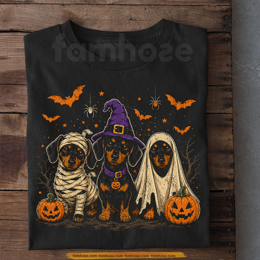 Halloween Dachshund Dog T-Shirt, Cute Doxie Witch Mummy Devil Costume Tees Spooky Season Gift For Wiener Dog Lover