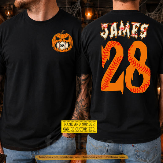 Personalized Halloween Baseball Pumpkin Two-sided T-shirt, Smashing Pumpkins Tees Spooky Season Gift For Baseball Lover