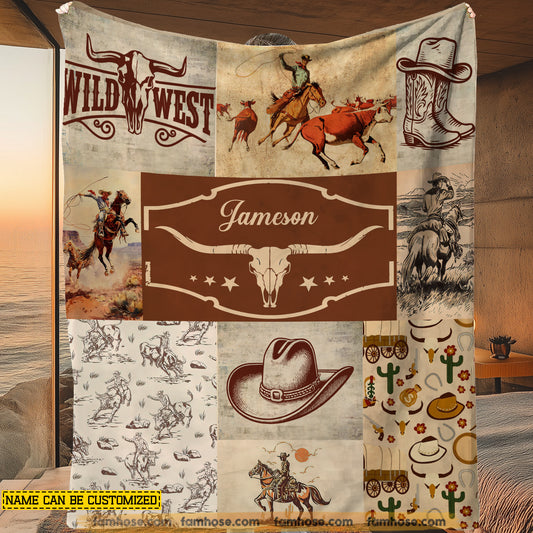 Personalized Cowboy Fleece Blanket, The Western Style Woven Blanket, Cool Sherpa Blanket Gift For Cowboys