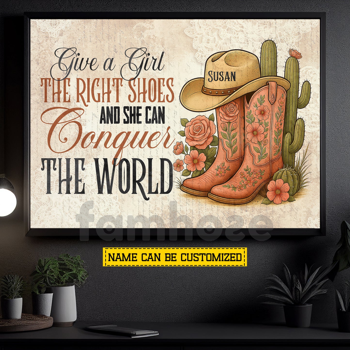 Motivational Personalized Cowgirl Boots & Hat Canvas Painting, Give A Girl The Right Shoes Wall Art Decor, Poster Gift For Cowgirl