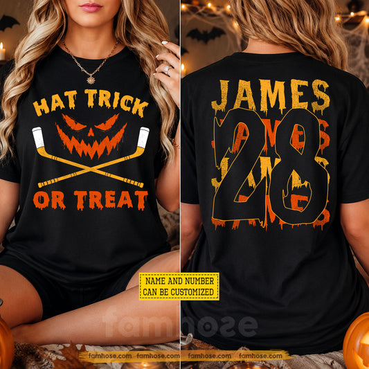 Personalized Halloween Hockey Two-sided T-shirt, Hat Trick Or Treat Tees Spooky Season Gift For Hockey Lover (Copy)