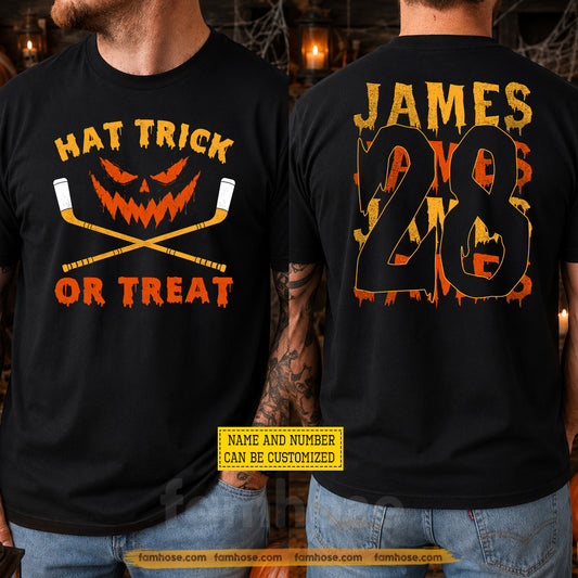 Personalized Halloween Hockey Two-sided T-shirt, Hat Trick Or Treat Tees Spooky Season Gift For Hockey Lover (Copy)