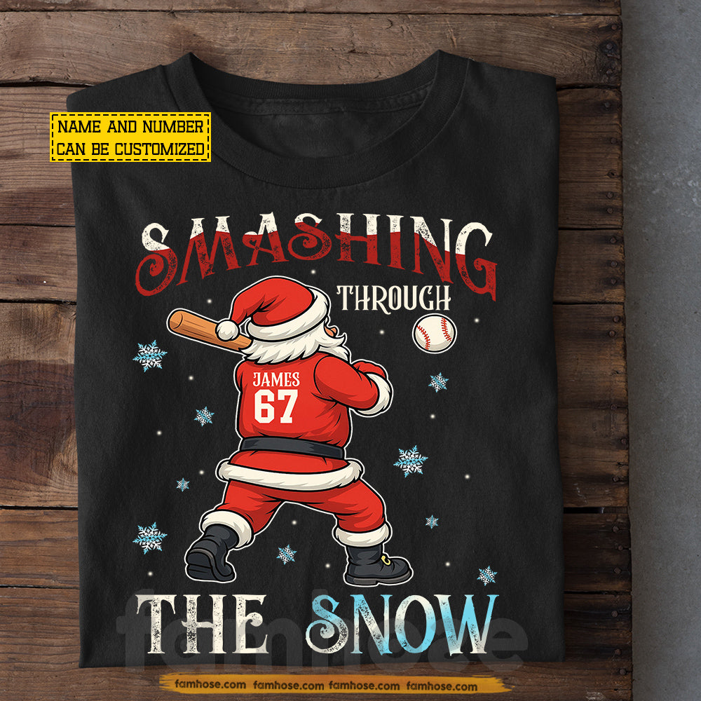 Personalized Christmas Baseball T-shirt, Smashing Through The Snow Tees Xmas Gift For Baseball Lovers