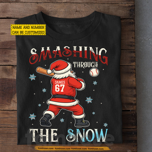 Personalized Christmas Baseball T-shirt, Smashing Through The Snow Tees Xmas Gift For Baseball Lovers