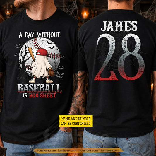 Personalized Halloween Baseball Two-sided T-shirt, A Day Without Baseball Is Boo Sheet Tees Spooky Season Gift For Baseball Lover