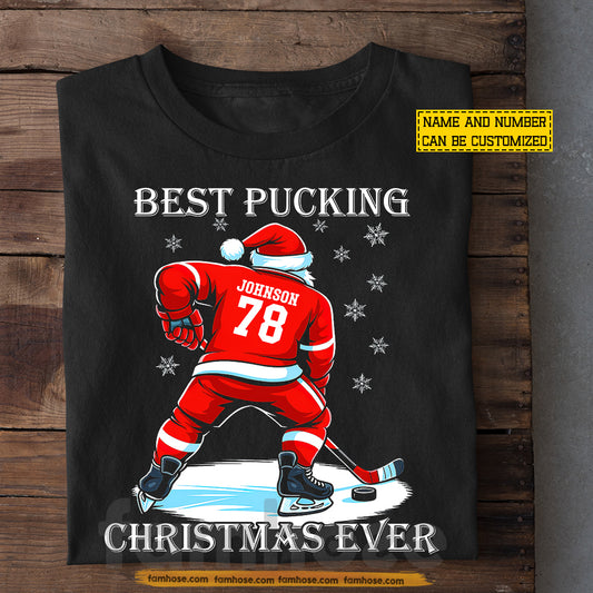 Funny Personalized Christmas Hockey T-shirt, Best Pucking Christmas Ever Tees Xmas Gift For Hockey Lovers