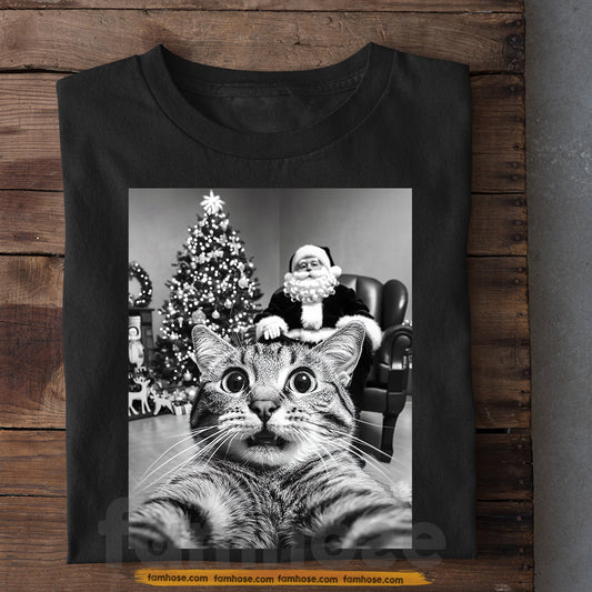Funny Cat Selfie With Santa Christmas T-Shirt, Cute Cat Tee Xmas Gift For Cat Lovers