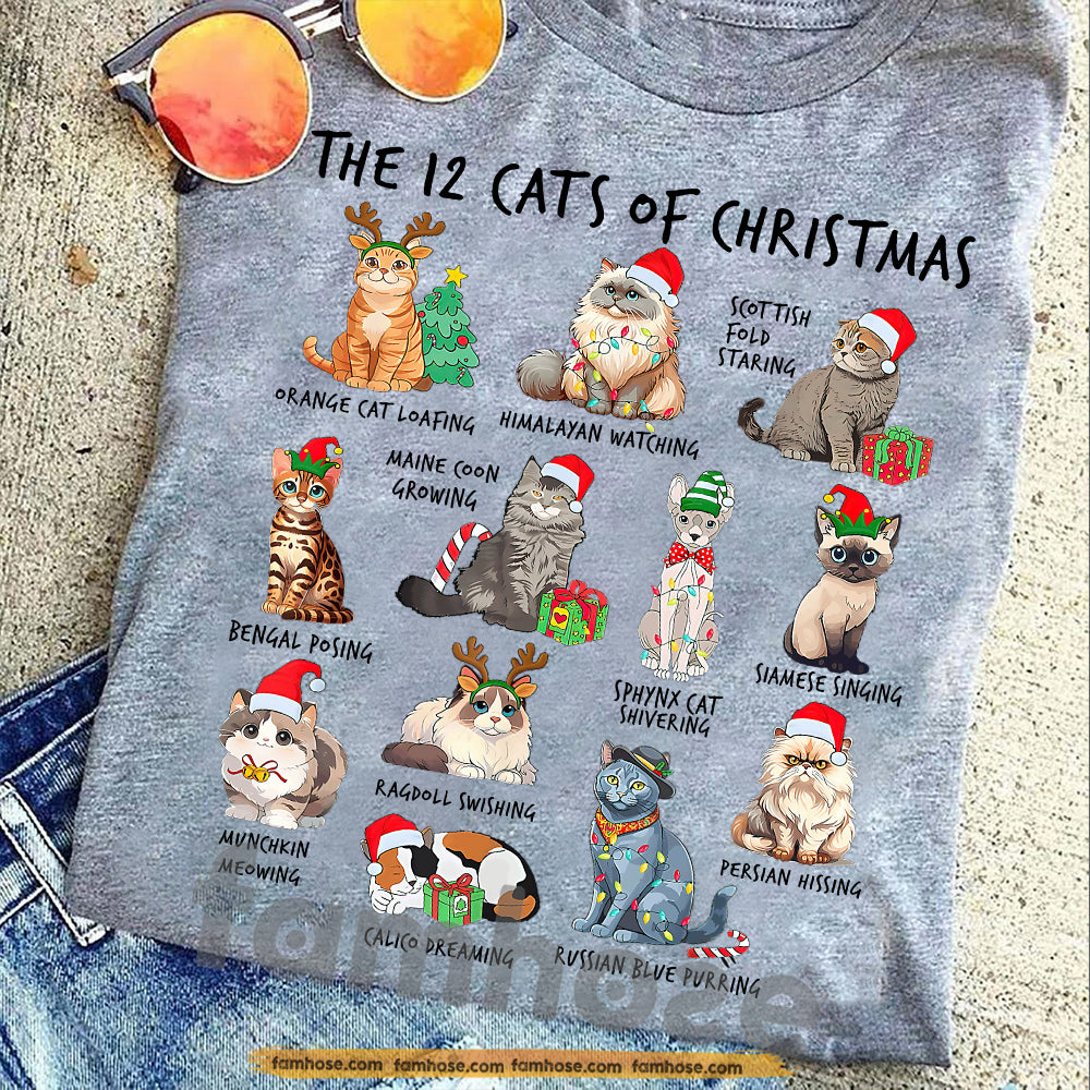 Cute Christmas Cat T-shirt, The 12 Cats Of Christmas, Cat Breed Tees Xmas Gift For Cat Lovers