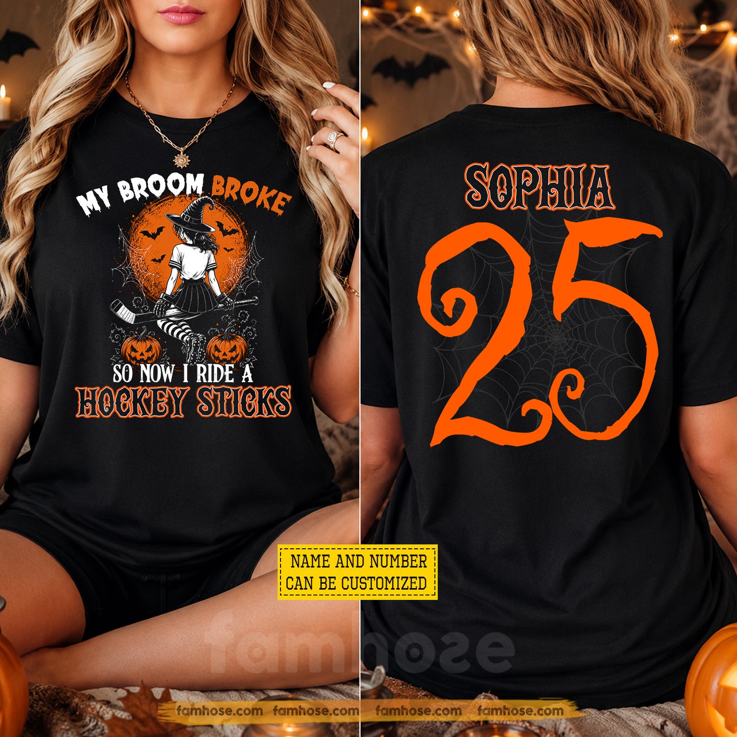 Personalized Halloween Hockey Witch Two-sided T-shirt, My Broom Broke Tees Spooky Season Gift For Hockey Lover