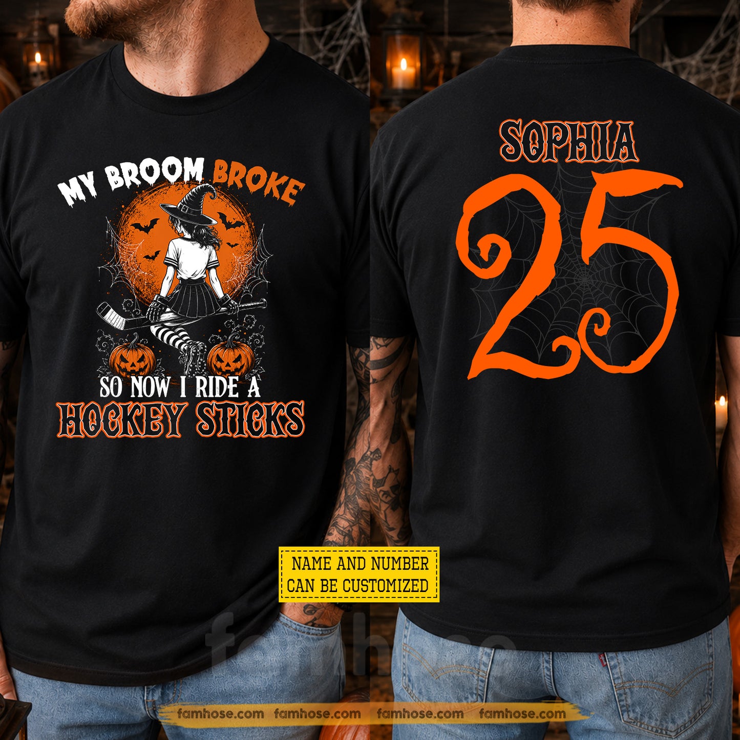 Personalized Halloween Hockey Witch Two-sided T-shirt, My Broom Broke Tees Spooky Season Gift For Hockey Lover