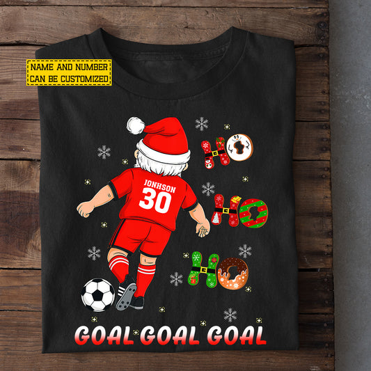 Funny Personalized Santa Playing Soccer Christmas T-Shirt, Ho Ho Goal Goal, Sports Tee Xmas Gift For Soccer Lovers